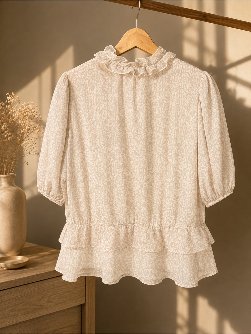 Express Cream Textured Ruffle V-Neck Blouse - Picture 2 of 3